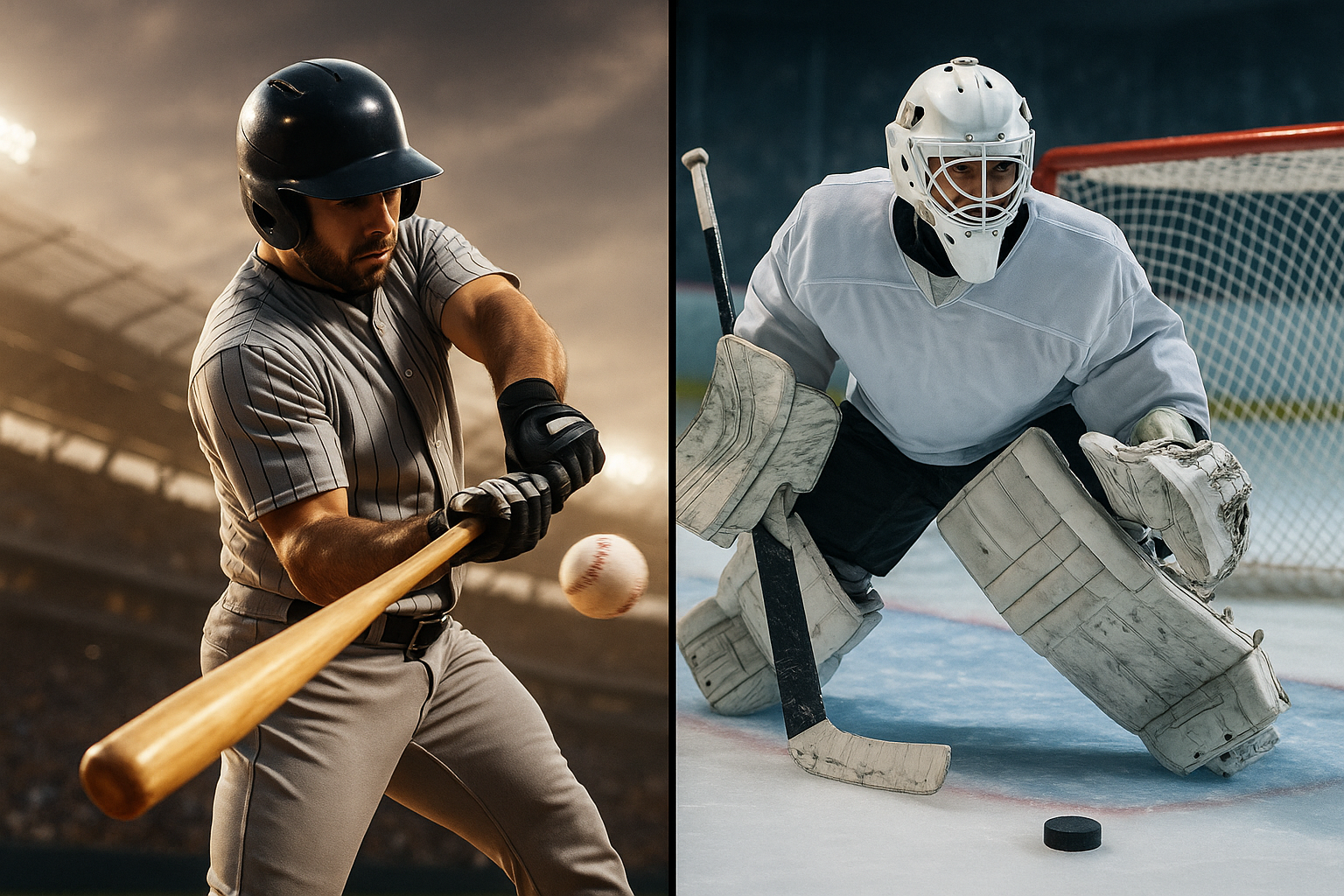 split screen image of batter swinging a bat and a hockey goalie